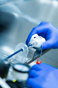 Two hands wearing blue medical gloves working on a catheter