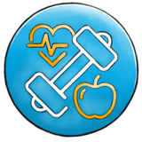 Blauer Hintergrund, vor dem weiße Icons, die eine Hantel, ein Herz und einen Apfel darstellen, abgebildet sind