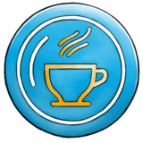 Blauer Hintergrund, vor dem weiße Icons, die Tasse und einen Kreis darstellen, abgebildet sind