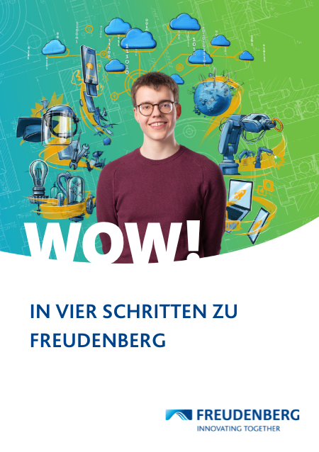 Deckblatt eines Ausbildungsflyers mit der Aufschrift "In vier Schritten zu Freudenberg"