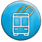 Blauer Hintergrund, vor dem weiße Icons, die einen Bus und ein Ticket darstellen, abgebildet sind